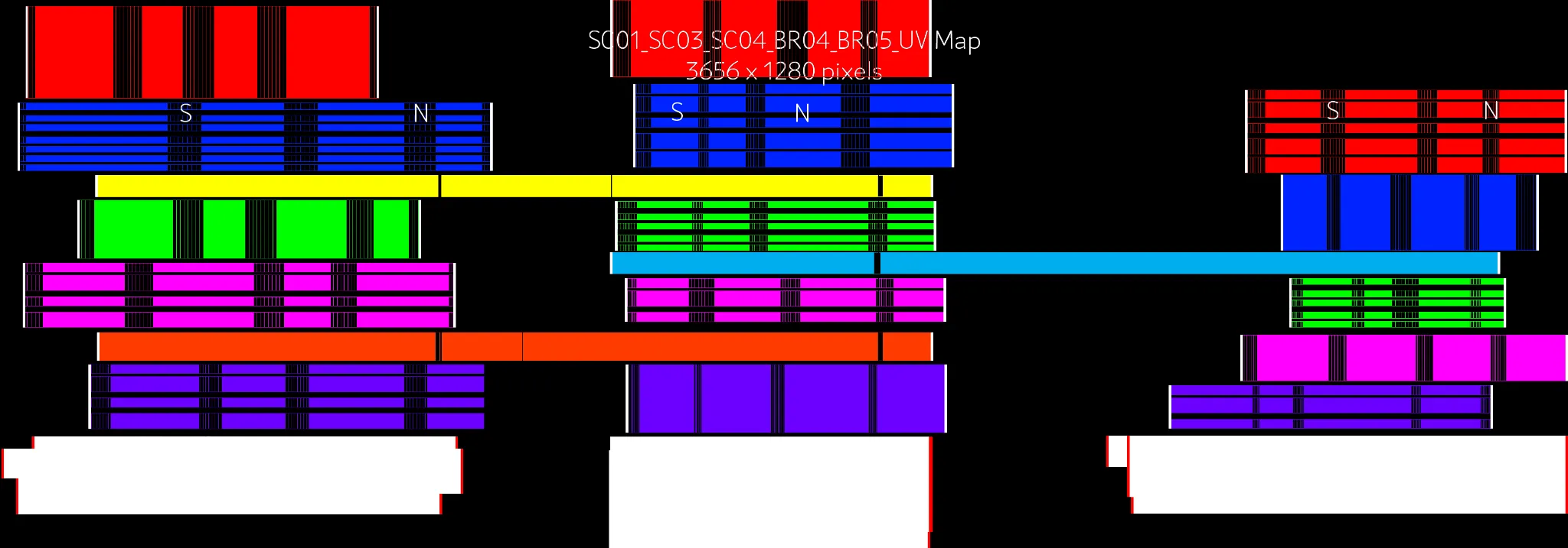 The UV map shared by city sections SC01, SC03, SC04, BR04 and BR05: a single 3656 x 1280 pixel media laid out in colored bands.
