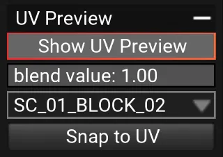 The UV Preview section, with Show UV Preview on, the SC_01_BLOCK_02 object chosen in the dropdown and the Snap to UV button below.