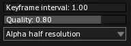 The Video Encoding Options, with Keyframe interval at 1.00, Quality at 0.80 and the alpha setting on Alpha half resolution.