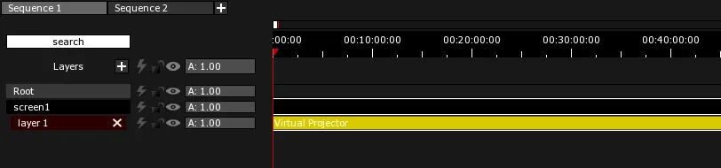 A Virtual Projector Clip on layer 1 of screen1 in the Timeline, drawn in its default yellow.