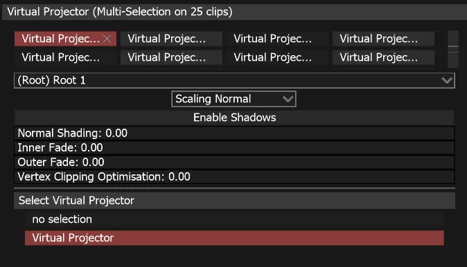 The Virtual Projector properties in Multi-Selection on 25 clips, source set to (Root) Root 1 and Virtual Projector selected.