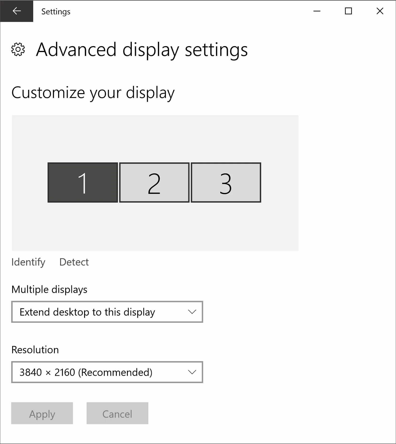 Windows Advanced display settings: three displays, the desktop extended to this one, at 3840 × 2160.